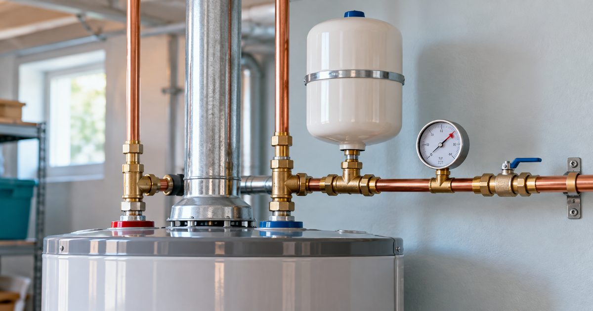 A small white thermal expansion tank mounted on the cold water pipe above a residential tank water heater, with a pressure gauge on the line beside it