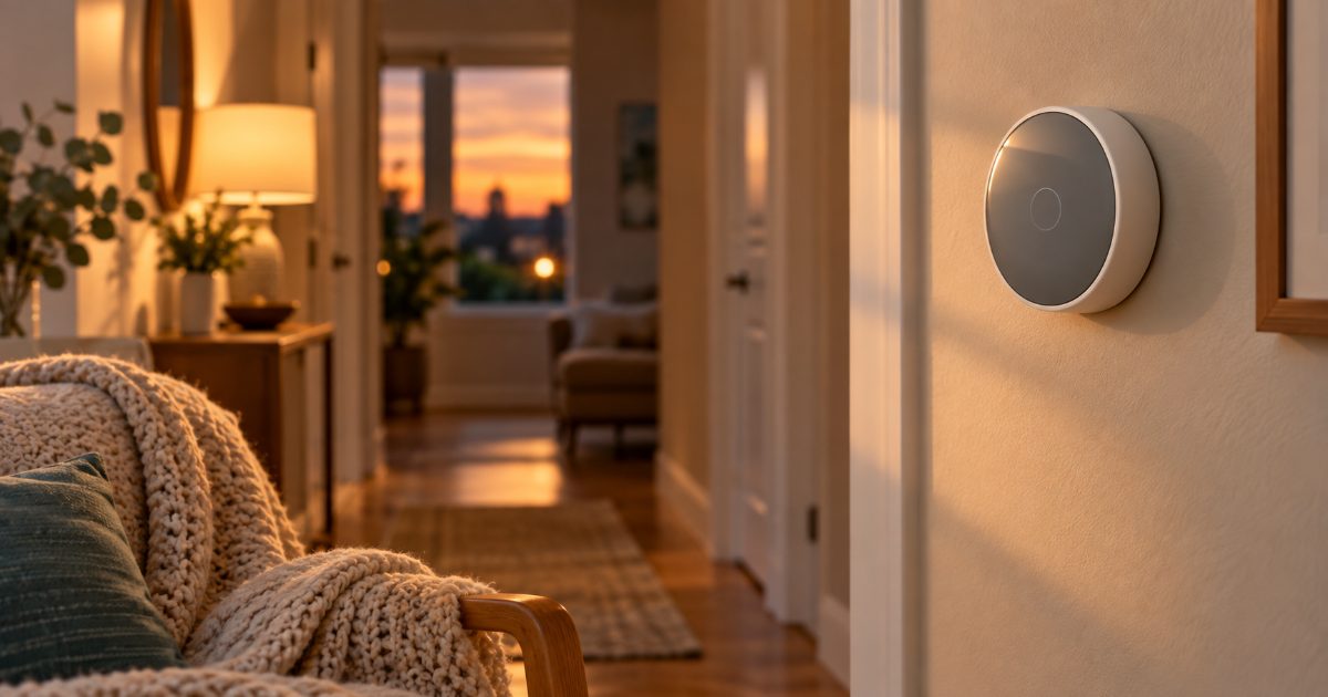 A round smart thermostat with a dimmed display on a hallway wall at dusk, a knit blanket over a chair in the foreground