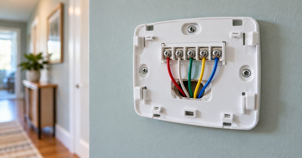 A white thermostat base plate on a hallway wall with the cover off, five colored low-voltage wires fastened under unlabeled screw terminals