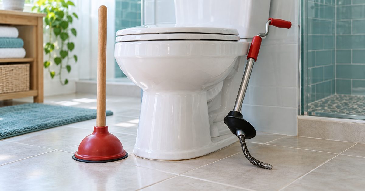 A white toilet on a tiled bathroom floor with a red rubber plunger standing beside it and a toilet auger with a crank handle and curved tube leaning against the bowl