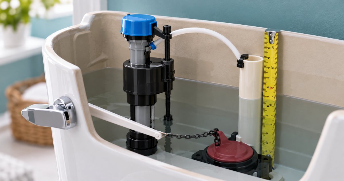 A universal toilet fill valve standing in an open porcelain tank beside the overflow tube, with a tape measure held against the tube and the refill tube clipped to its rim