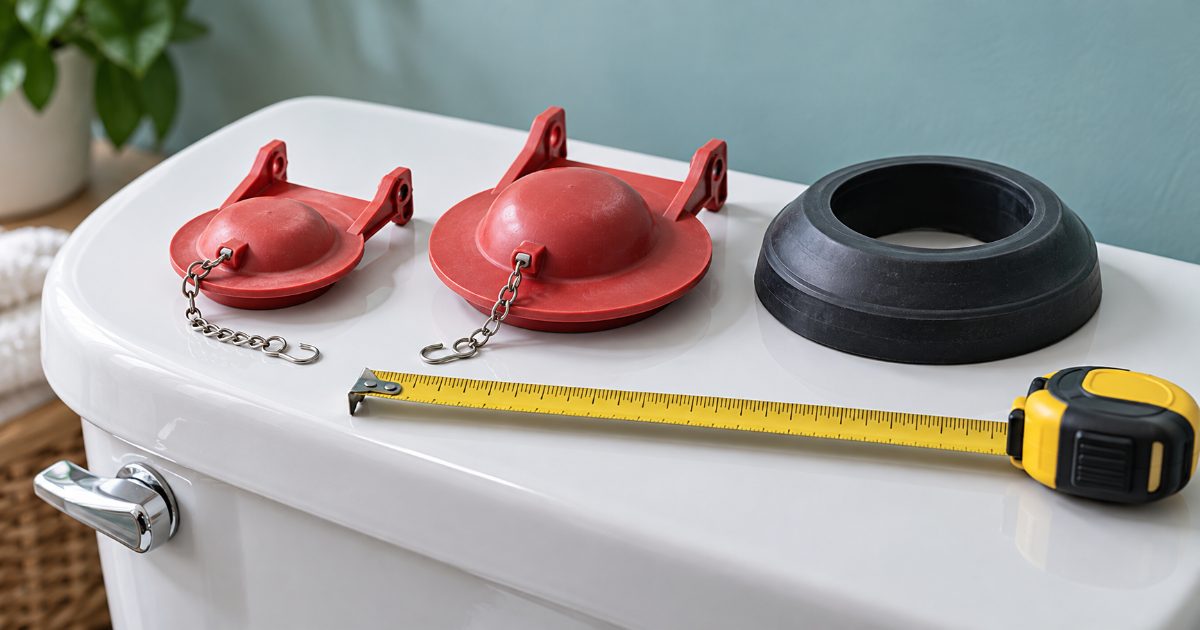 A 2 inch and a 3 inch toilet flapper side by side on a porcelain tank lid, next to a tape measure and a round rubber canister flush valve seal