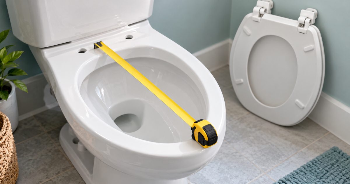 A tape measure hooked between the two seat bolt holes at the back of a white porcelain toilet bowl and stretched to the front rim, with the seat removed