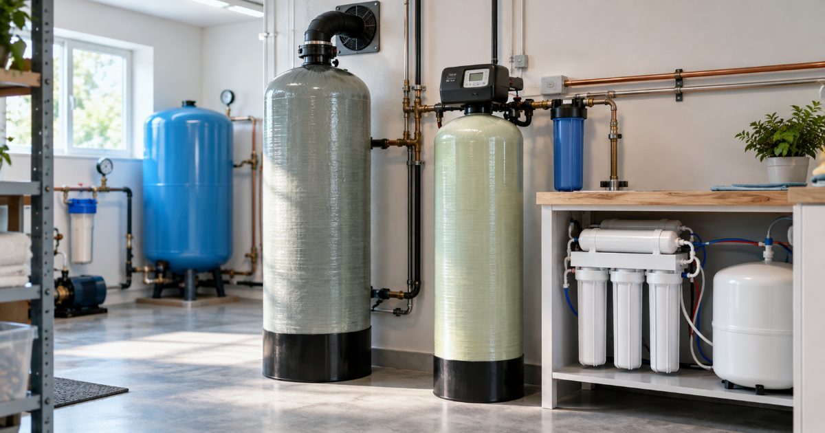 A whole-house aeration tank with an exhaust fan beside an anion exchange tank and a reverse osmosis unit in a bright utility room, a lab report on the bench