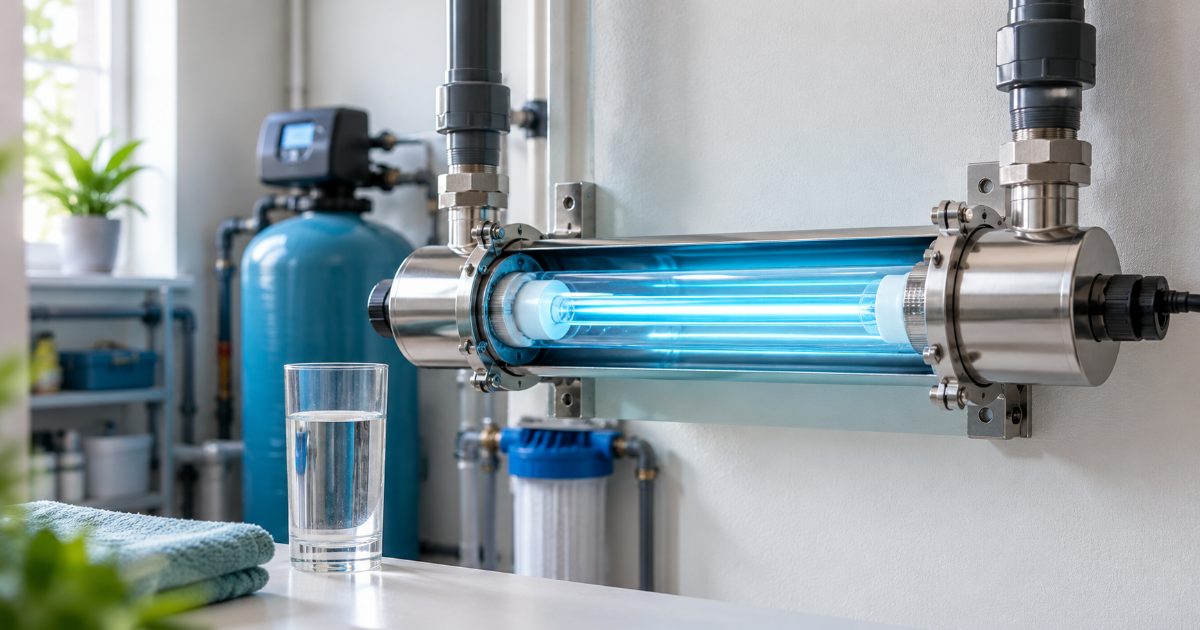 Clear UV water purifier chamber with internal mercury lamp and quartz sleeve, positioned in a bright utility room setting.