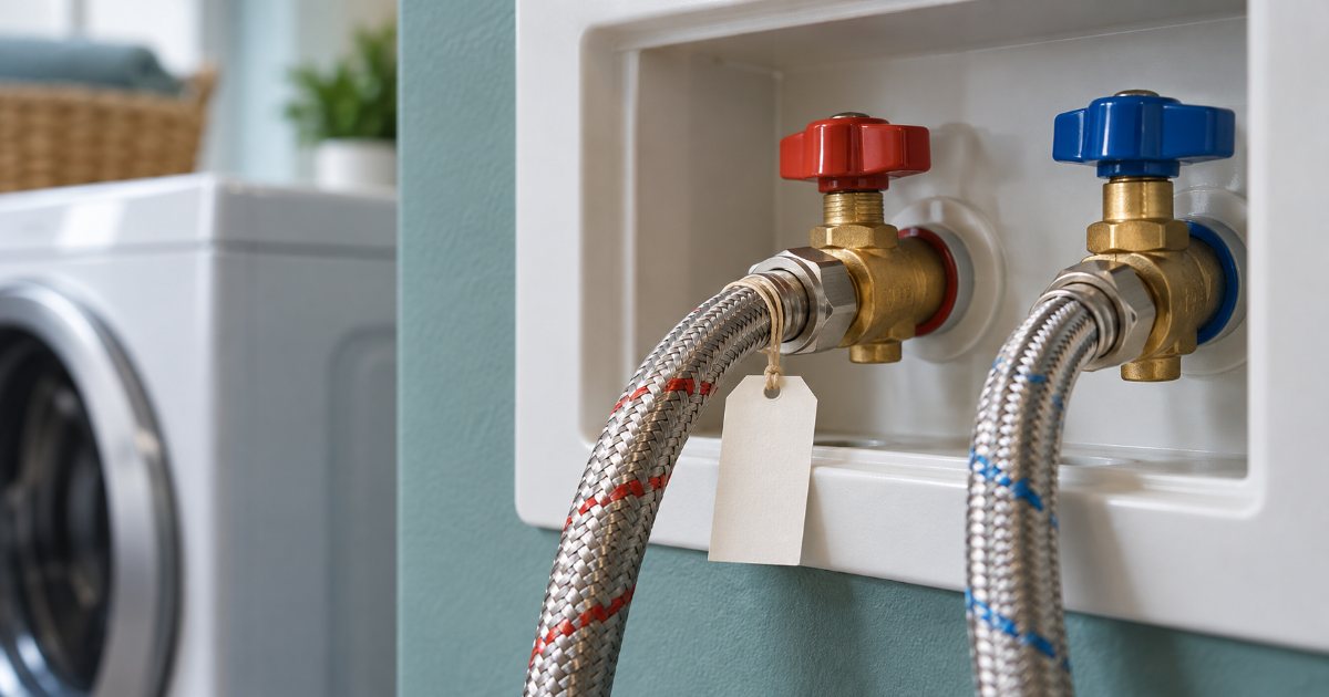 A braided stainless steel washing machine supply hose screwed onto a brass shutoff valve in a recessed laundry box, a handwritten date tag hanging from the hose collar