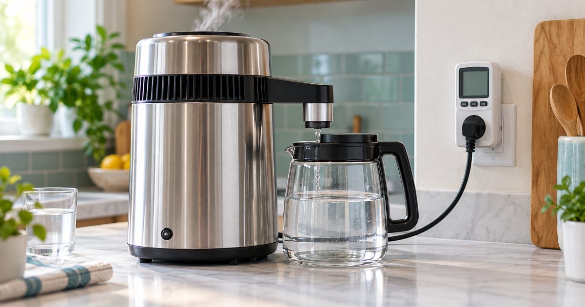 A stainless countertop water distiller dripping clear water into a glass carafe, its cord running through a plug-in electricity usage meter at the wall outlet