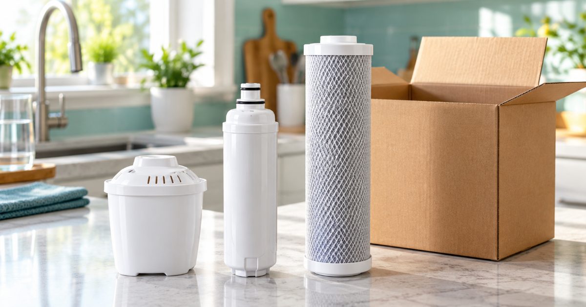 A pitcher filter cartridge, a refrigerator filter and an under-sink carbon cartridge lined up on a kitchen counter beside a shipping box