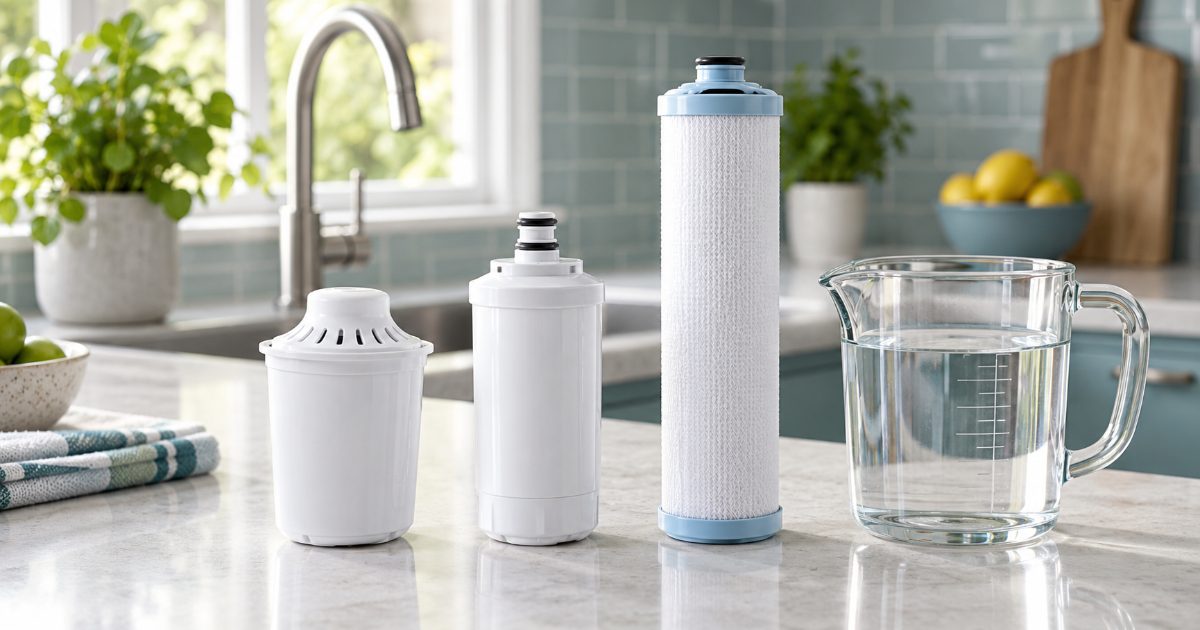 A white pitcher filter cartridge, a refrigerator filter and an under-sink cartridge lined up on a bright kitchen counter next to a measuring jug, no brands visible.