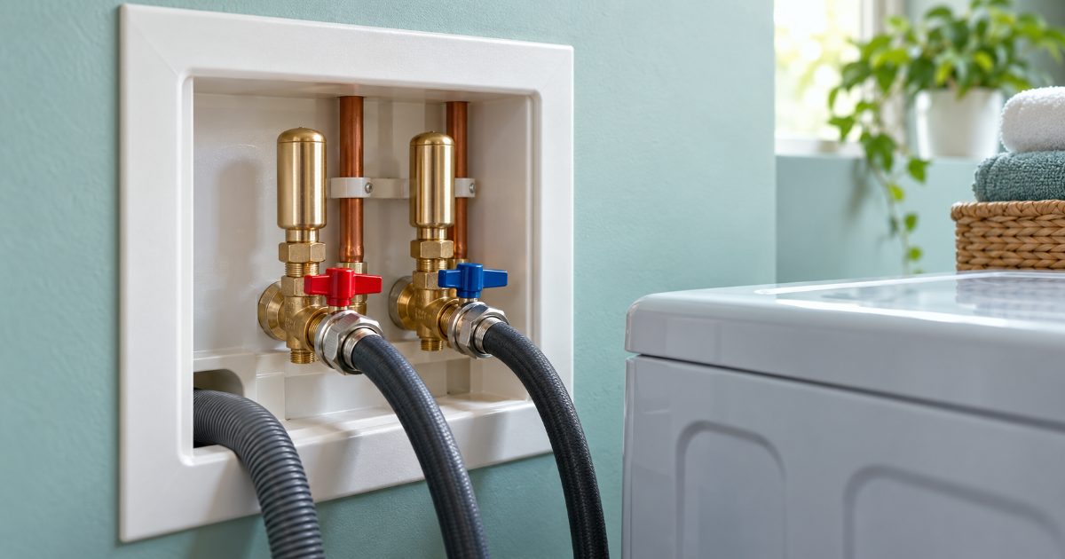 A washing machine supply box with two brass hose-thread water hammer arrestors screwed between the shutoff valves and the hot and cold fill hoses, copper pipe visible in the wall behind
