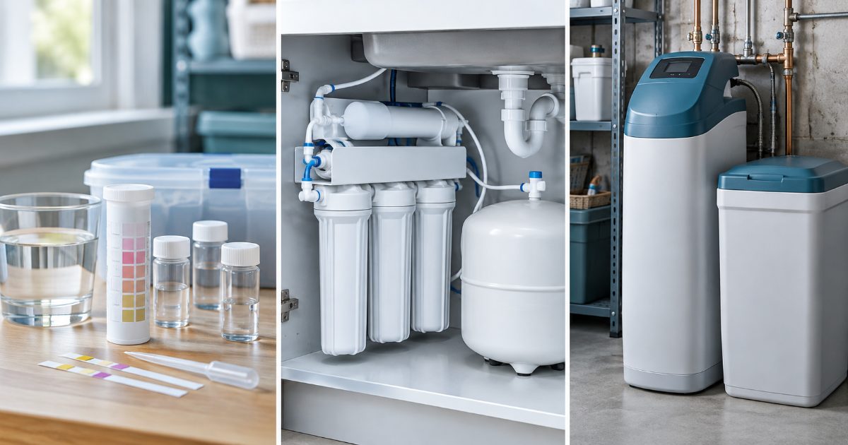 Water hardness test strips with color indicators for hardness levels on a bright utility room shelf.