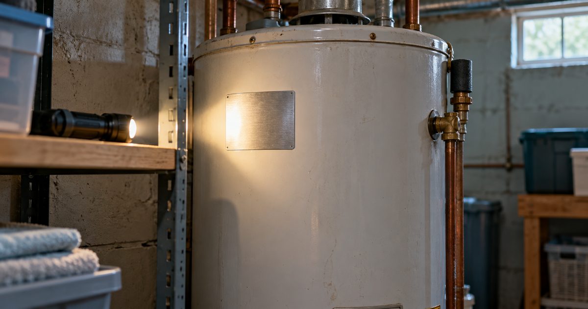 An older white tank water heater in a basement, a flashlight on a shelf beside it lighting the rating label on the side of the tank