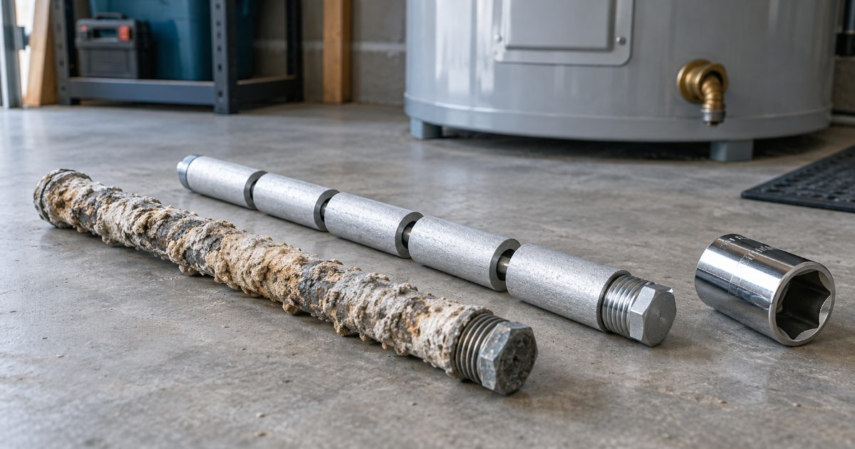 A spent magnesium water heater anode rod lying on a garage floor beside a new segmented rod and a 1-1/16 inch socket