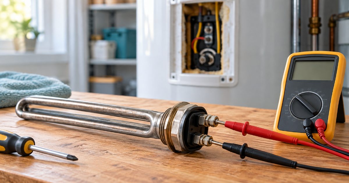 A screw-in water heater heating element on a workbench with a digital multimeter set to ohms, its two probes touching the element's screw terminals