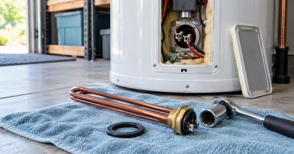 A new foldback screw-in water heater heating element with its rubber gasket and a 1-1/2 inch socket lying beside the open lower access panel of an electric tank