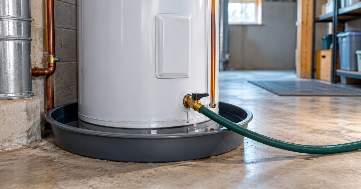 A white tank water heater standing in a grey plastic drain pan on a basement floor, with a green hose attached to the brass drain valve at its base