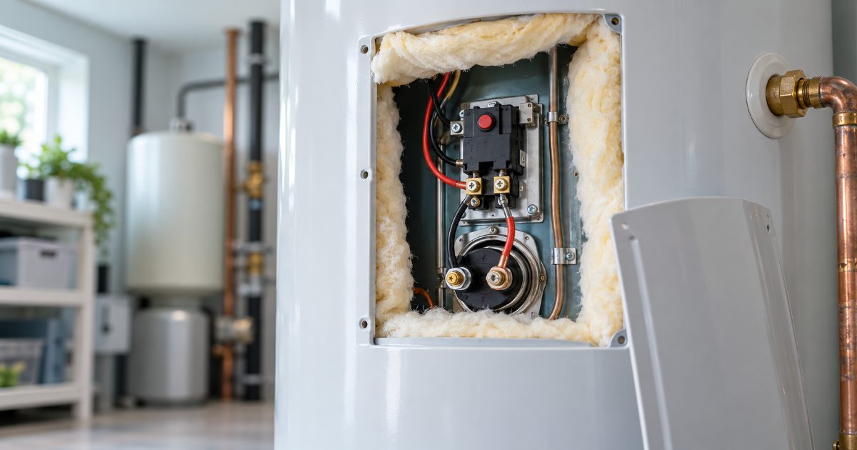 The open upper access panel of a residential electric water heater showing the thermostat, the red high-limit reset button and the element terminals, with the insulation folded back