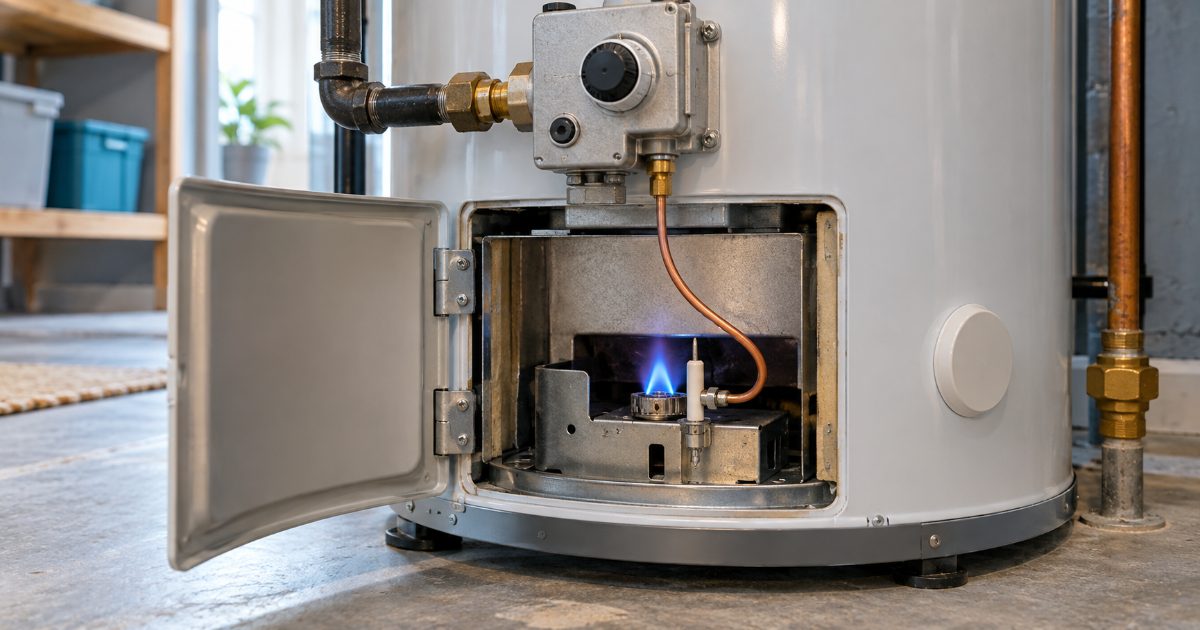 The open burner access door at the base of a residential gas tank water heater showing the pilot assembly, a small blue pilot flame and the copper thermocouple lead running up to the gas control valve