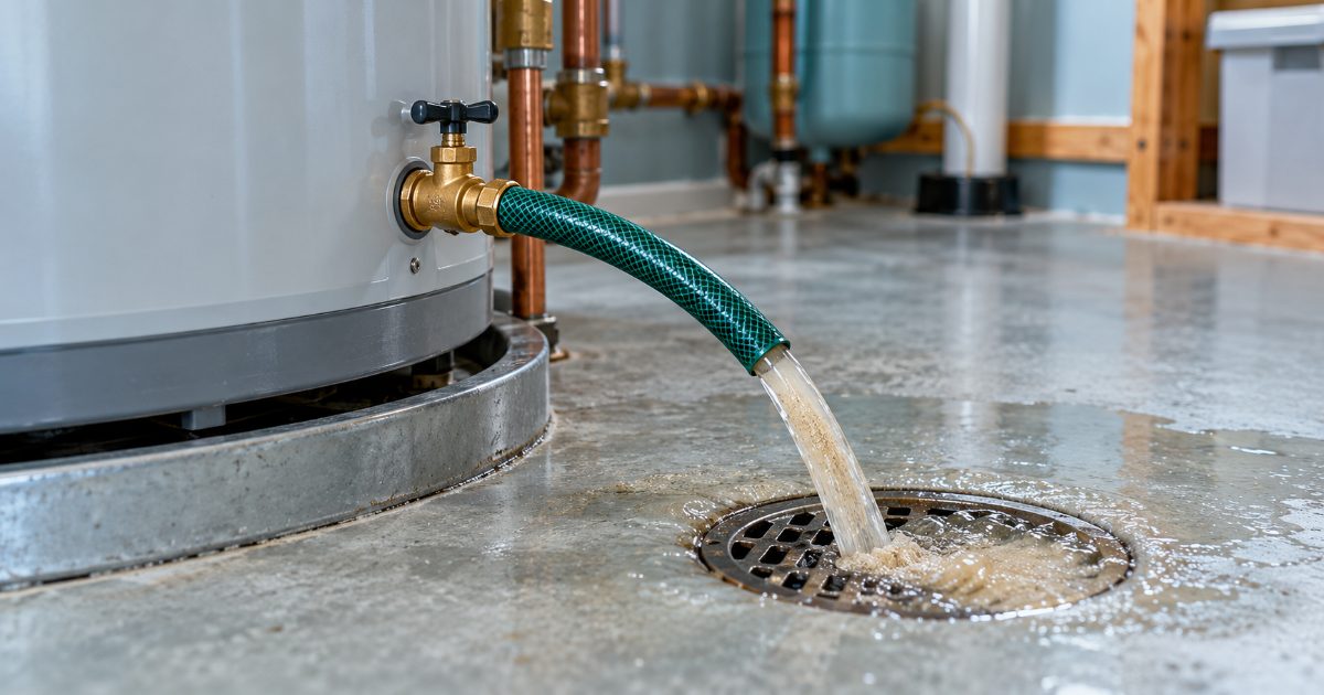 A garden hose connected to the brass drain valve at the base of a residential tank water heater, running to a floor drain, with a layer of pale mineral sediment visible in the discharge