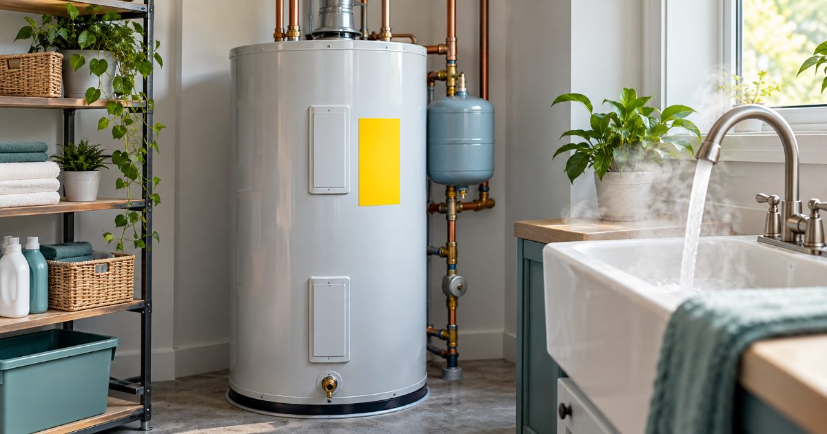 A residential tank water heater in a bright utility room, with a blank yellow energy label on its side and hot water steaming from the laundry sink faucet beside it