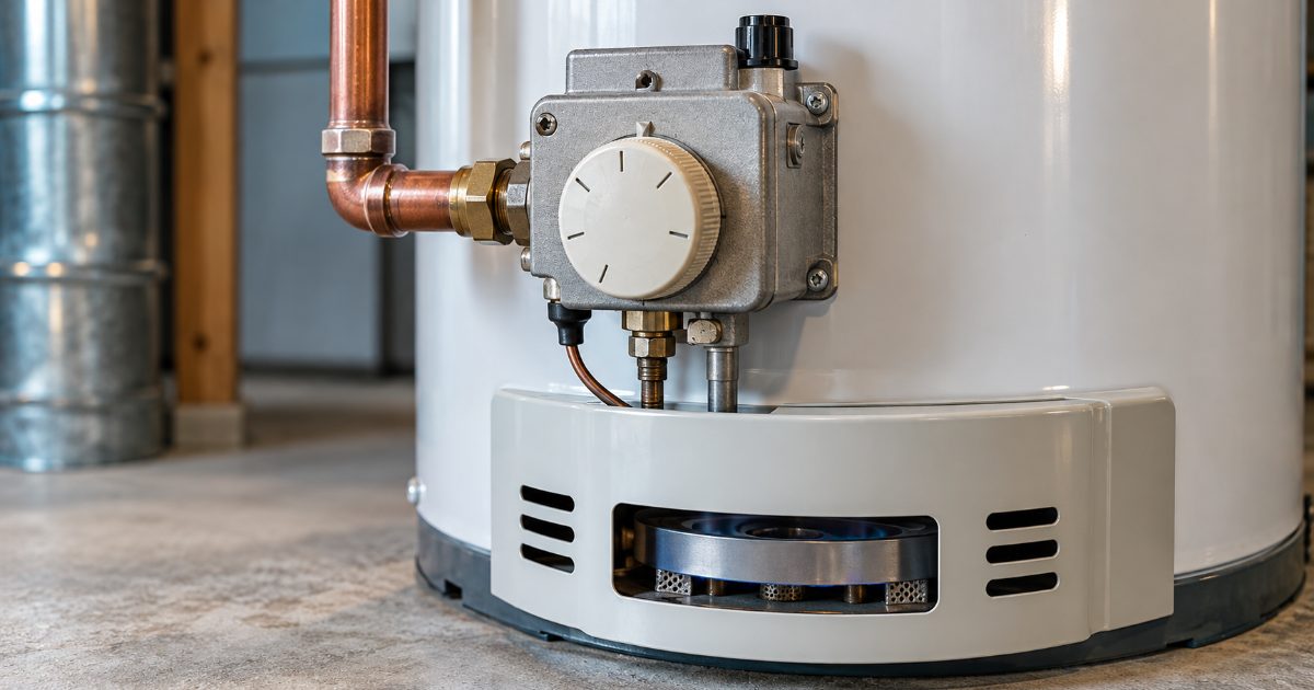 Close-up of the temperature dial on the gas control valve of a white tank water heater, with a copper supply pipe and the burner access cover below