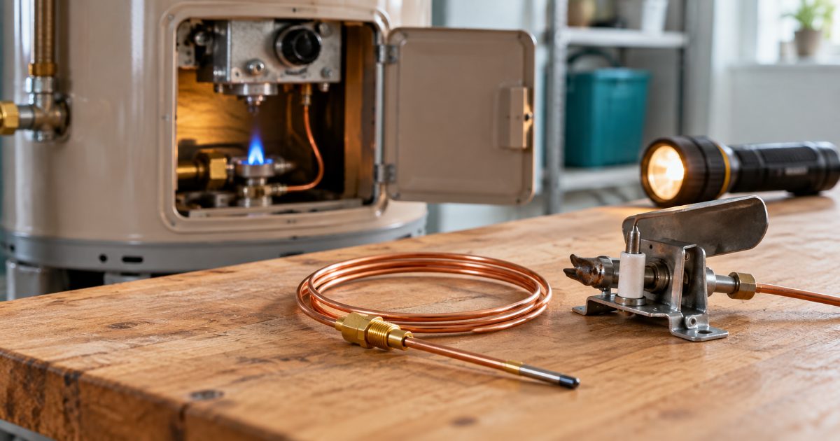 A new 30-inch gas water heater thermocouple coiled on a workbench beside a removed pilot assembly, with the burner access door and a flashlight in the background
