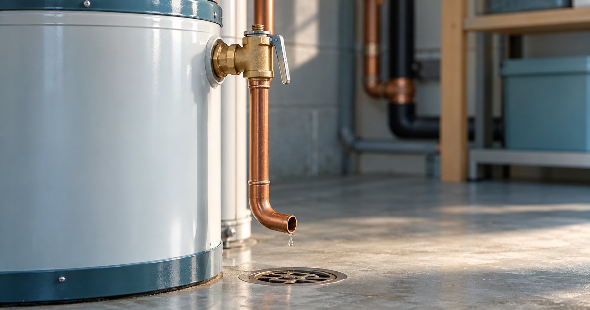 A brass temperature and pressure relief valve with a lift lever on the side of a residential tank water heater, with a copper discharge pipe running down toward the floor