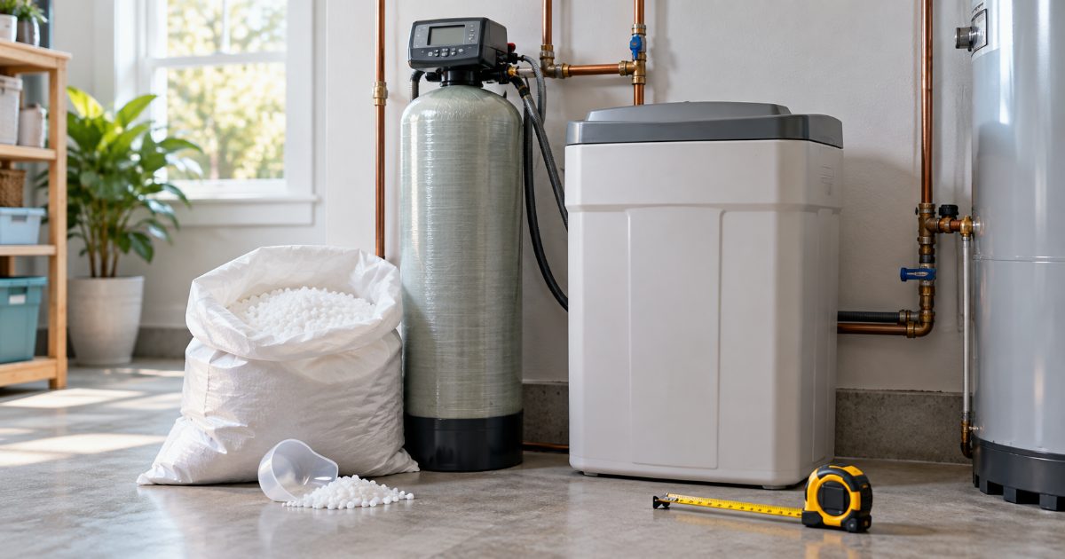 A water softener resin tank and brine tank in a utility room beside an open bag of salt pellets and a tape measure