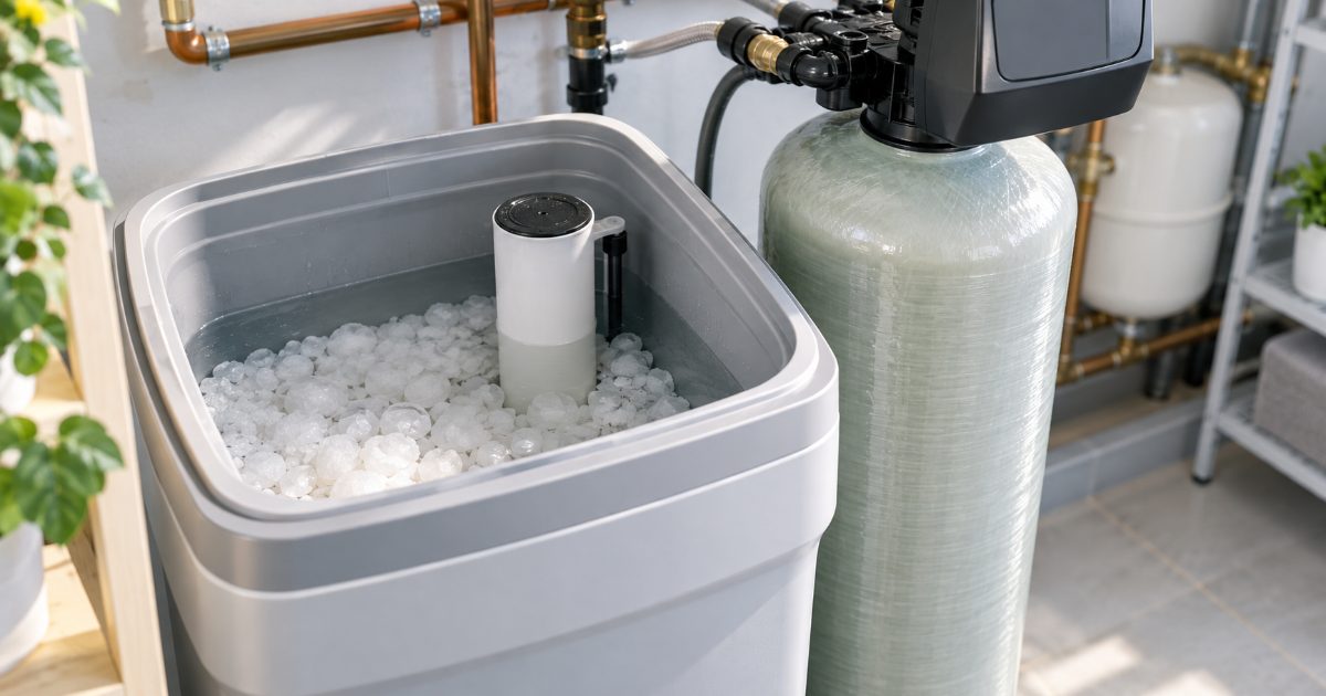 A water softener brine tank with its lid off, showing the salt and the water level inside, beside the resin tank in a bright utility room