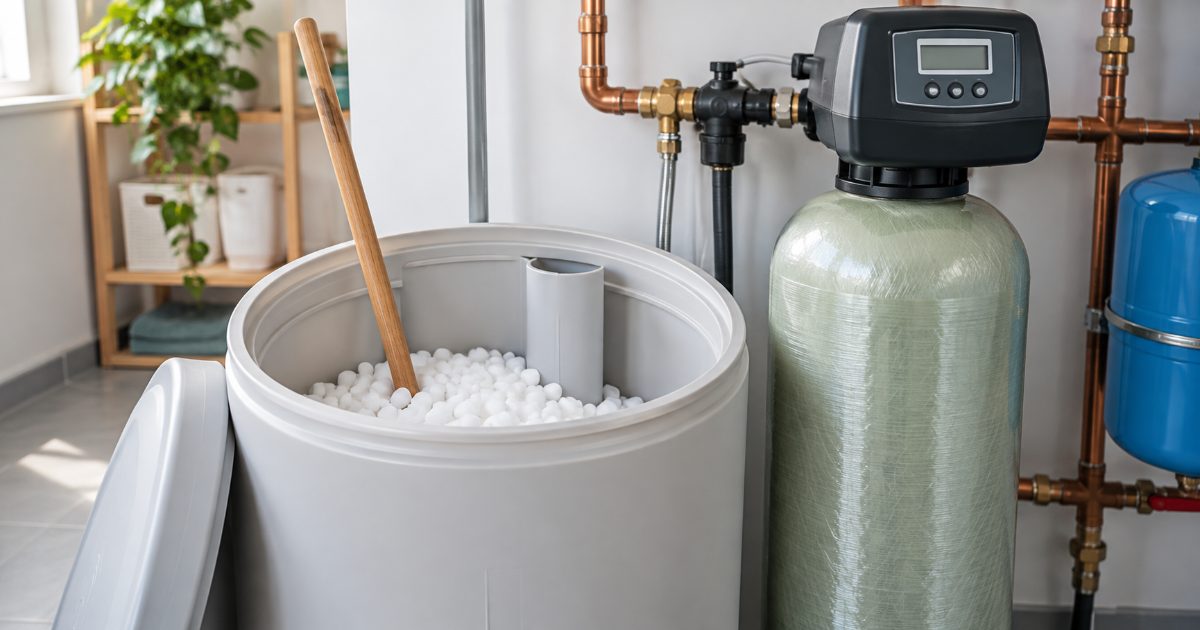 A water softener brine tank with its lid off and a wooden broom handle standing in the salt pellets, next to the resin tank and control valve in a bright utility room