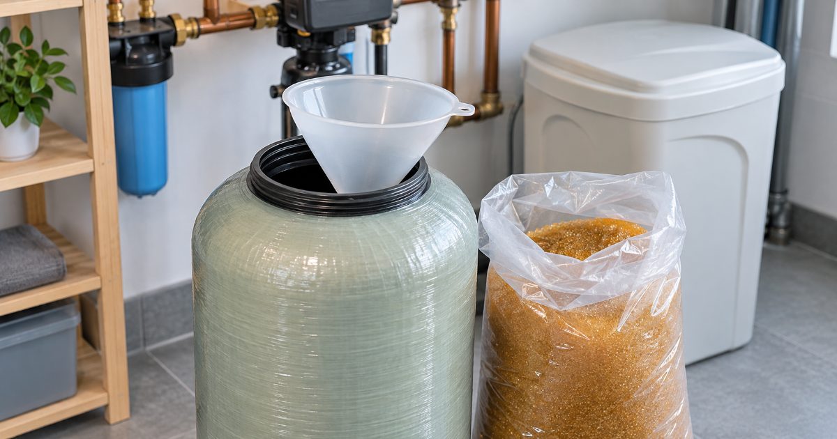 An open water softener mineral tank with a funnel and a bag of amber resin beads beside it in a bright utility room, no brand names visible