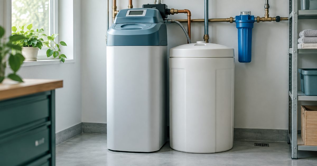 Water softener unit and brine tank in a utility room with bright daylight and muted teal accents.
