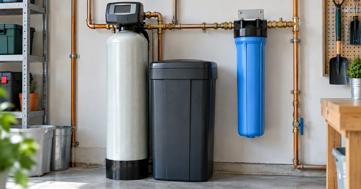 A salt water softener resin tank with its brine tank beside a blue whole-house filter housing, all plumbed into copper pipe on a garage utility wall