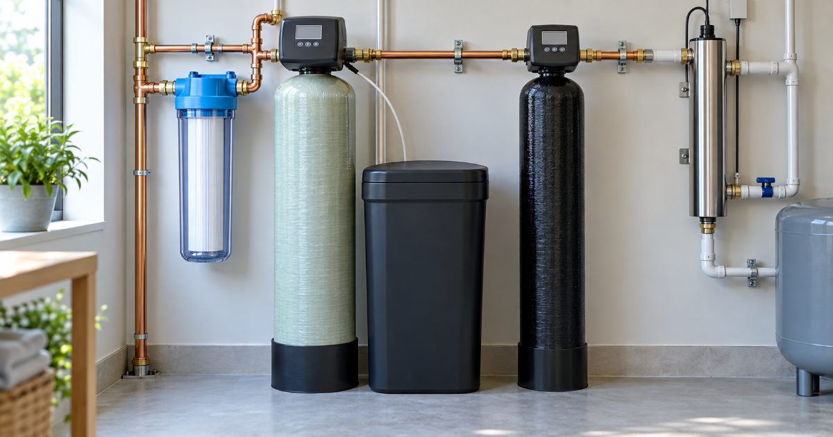 A whole-house water treatment train in a bright utility room: a blue pressure tank, a sediment filter housing, a tall softener tank with its brine tank, a carbon tank and a stainless UV chamber mounted last on the wall