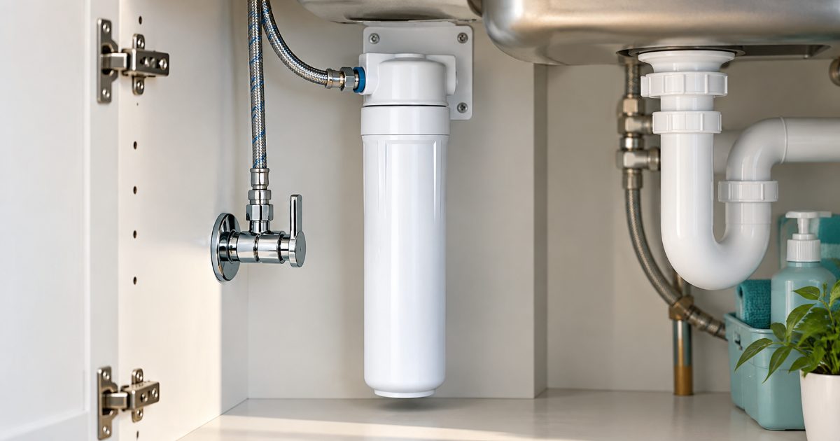 A slim under-sink water filter cartridge being twisted into its bracket inside a bright kitchen cabinet, with the supply line and shutoff valve beside it