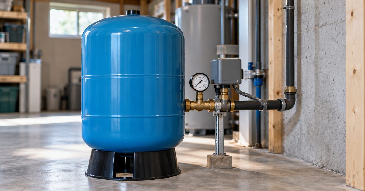 Blue pre-charged well pressure tank standing on a basement floor beside a pressure switch and gauge on the discharge piping.