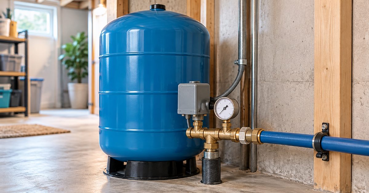 A blue steel well pressure tank with a grey pressure switch and a round pressure gauge on the tank tee in a basement