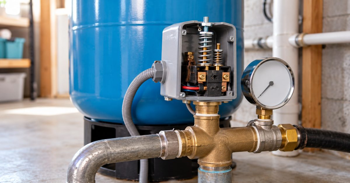 Grey well pump pressure switch with its cover removed, mounted on a brass tank tee beside a round pressure gauge.