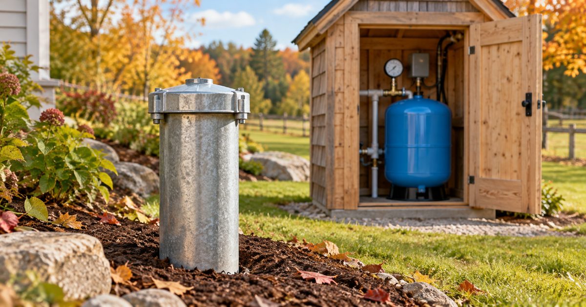 A capped steel well casing in a mulched lawn edge in front of a small wooden pump house whose open door shows a blue pressure tank and a pressure gauge