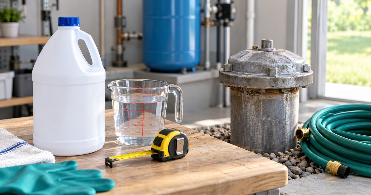 A jug of plain household bleach, a glass measuring cup and a tape measure on a workbench in a bright utility room, with a steel well casing cap and a coiled garden hose beside them.