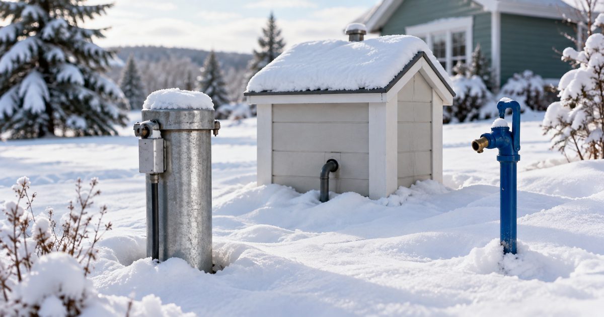 A steel well casing and a small insulated well house in a snow-covered yard, with a frost-free yard hydrant standing in the drifted snow nearby
