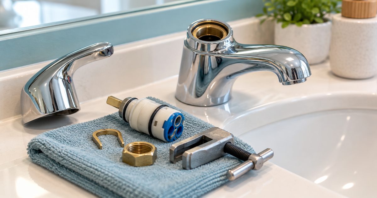 A single-handle faucet cartridge pulled from its valve body and laid on a workbench beside a U-shaped copper retaining clip, a brass bonnet nut and a cartridge puller