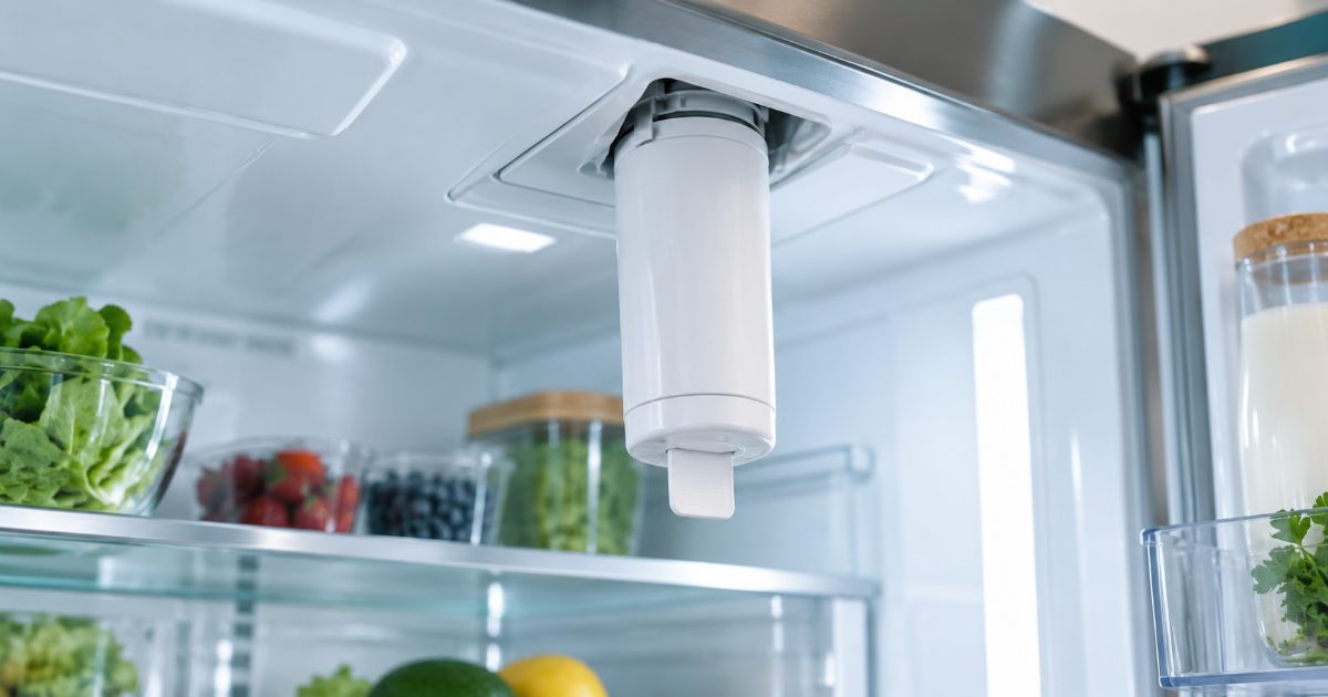 A cylindrical refrigerator water filter cartridge on a counter beside an open fridge door in a bright kitchen