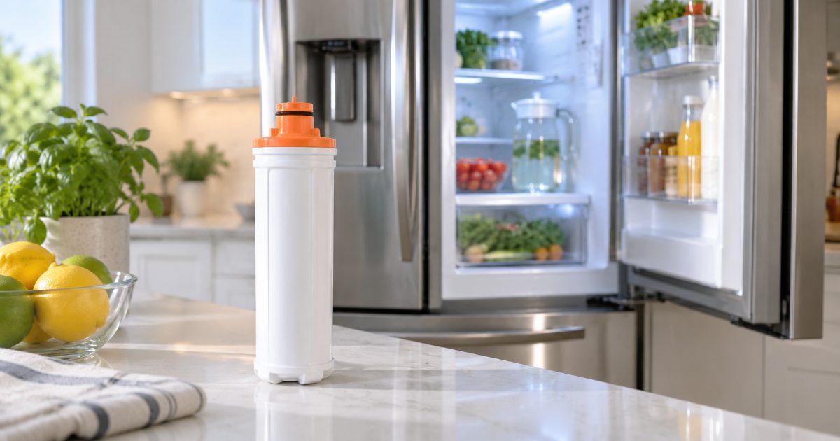 An orange-capped cylindrical refrigerator water filter cartridge on a counter beside an open French door refrigerator in a bright kitchen