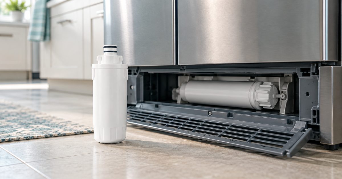 A cylindrical refrigerator water filter cartridge held beside the base grille of a fridge in a bright kitchen