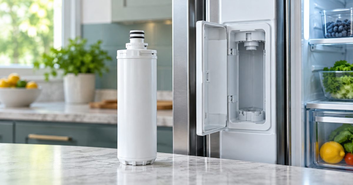 A cylindrical refrigerator water filter cartridge held beside an open fridge interior in a bright kitchen