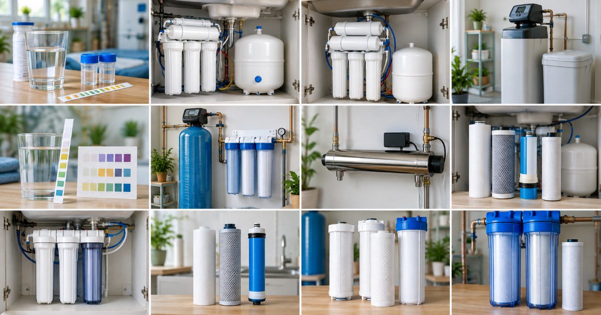 Water softener replacement parts including seal kit, nozzle and venturi assembly, brine valve, rotor and disc components displayed on a utility room shelf.