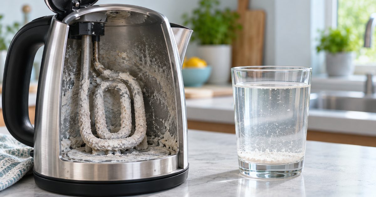 A glass of water with white flecks beside an electric kettle with a chalky crust, a jar of white vinegar and a strip of hardness test paper on the counter of a bright kitchen