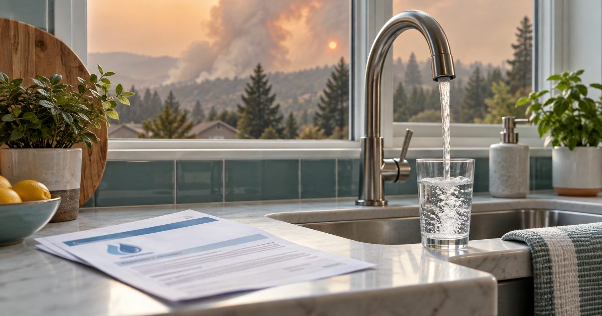 A kitchen tap running into a glass beside a printed utility notice, with wildfire smoke visible through the window behind the sink