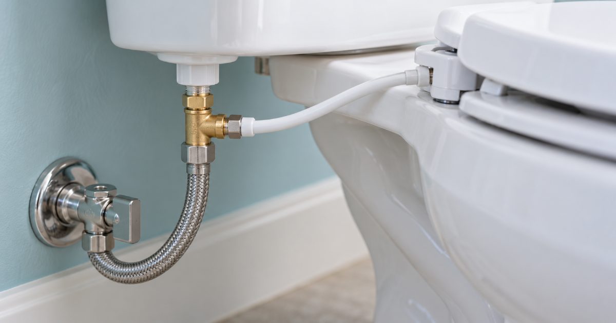 The underside of a toilet tank with a brass T-adapter fitted between the fill valve shank and the braided supply hose, a thin bidet hose branching off to the side